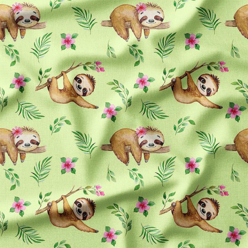 Cotton Fabric by the Yard - Adorable Sloths with Flowers and Leaves on Light Green, Perfect for Kids' Quilting, Nursery Decor, DIY Crafts