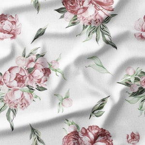 Fabric by the Yard - Blush Pink Peonies and Green Leaves on White Cotton Fabric, Ideal for Home Decor, Quilting, Crafts, and Sewing Projects