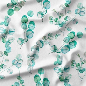 Teal and Green Eucalyptus Leaves Cotton Fabric by the Yard - Watercolor Botanical Design for Quilting, Bedding, Pillows, and Home Decor