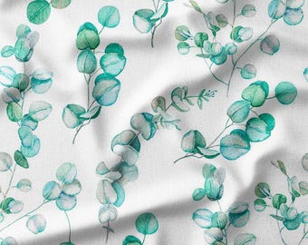 Teal and Green Eucalyptus Leaves Cotton Fabric by the Yard - Watercolor Botanical Design for Quilting, Bedding, Pillows, and Home Decor