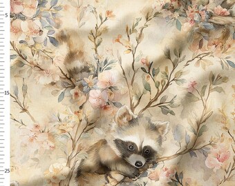 Cotton Fabric by the Yard – Raccoons in Floral Branches – Woodland Vintage Pattern