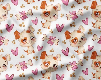 Cute Puppy Cotton Fabric by the Yard – Dogs with Hearts and Bones, Perfect for Kids’ Clothing, Bedding, and Crafting, Bamboo Fabric