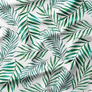 Tropical Palm Leaves in Green Tones on White Cotton Fabric by the Yard - Vibrant Botanical Design for Quilting, Sewing, Curtains, and Decor