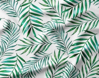 Tropical Palm Leaves in Green Tones on White Cotton Fabric by the Yard - Vibrant Botanical Design for Quilting, Sewing, Curtains, and Decor