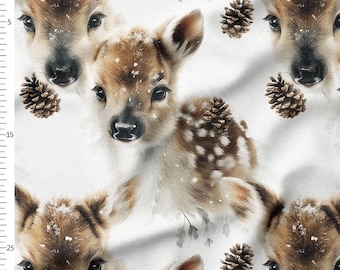 Cotton Fabric by the Yard – Baby Deer with Pinecones in Snow on White – Winter Woodland Pattern