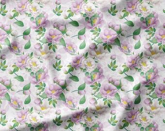 Floral Cotton Fabric by the Yard - Purple Flowers and Leaves Home Decor Sewing Material - Jersey Poplin Bamboo Linen Muslin for DIY Projects