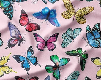 Cotton Fabric by the Yard – Colorful Butterflies on Light Pink Background – Available in Cotton, Linen, Bamboo Perfect for Apparel, Quilting