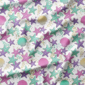Colorful Starfish and Seashells on White Cotton Fabric by the Yard, Perfect for Beach-Themed Kids' Clothing and Quilting