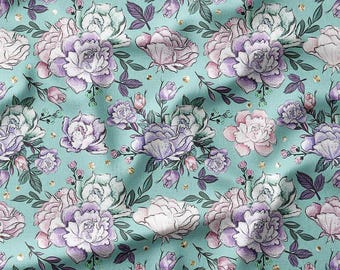 Pastel Peonies and Roses on Mint Green Cotton Fabric by the Yard - Elegant Floral Design for Quilting, Bedding, Pillows, and Home Decor