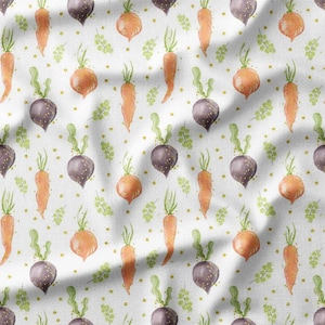 Fabric by the Yard Vegetable Pattern with Carrots and Beets on White, Available in Cotton, Linen, Bamboo & More - Great for Home Decor