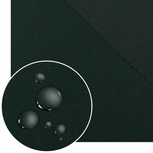 May include: Dark green fabric with water droplets on the surface. The fabric has a textured weave, and the droplets appear clear and spherical, suggesting a waterproof material. The image includes a close-up.