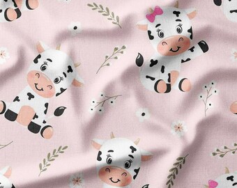 Cute Cow Cotton Fabric by the Yard Cartoon Cows with Flowers Farm Animals on Pink Background Sewing Supplies Fabric for Quilting Bedding DIY