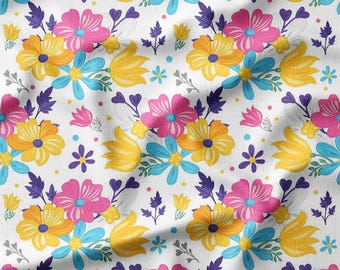 Cotton Fabric by the Yard Bright Colorful Floral on White, Available in Cotton, Linen, Bamboo & More - Ideal for Spring and Summer Projects