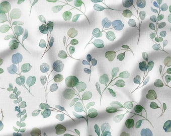 Watercolor Green Eucalyptus Leaves on White Cotton Fabric by the Yard - Botanical Pattern for Quilting, Sewing, Crafting, and Home Decor