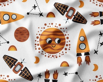 Playful Space Scene with Planets, Rockets, and Constellations on White Cotton Fabric by the Yard - Ideal for Quilting, Sewing, Kids