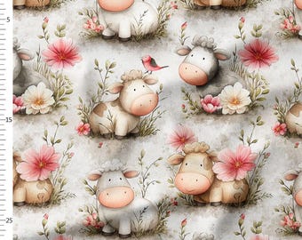 Cotton Fabric by the Yard, Watercolor Calves and Blossoms, Tiny Birds Soft Pastel Farmhouse