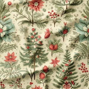 Christmas Trees, Poinsettias, and Holly Berries on Beige Cotton Fabric by the Yard - Perfect for Holiday Quilting, Pillows, and Crafts