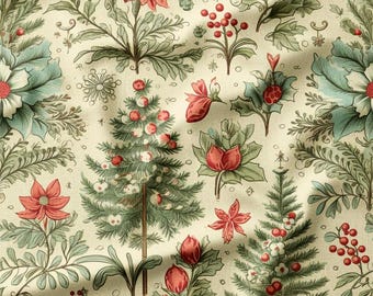 Christmas Trees, Poinsettias, and Holly Berries on Beige Cotton Fabric by the Yard - Perfect for Holiday Quilting, Pillows, and Crafts