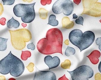 Multicolored Watercolor Hearts on White Cotton Fabric by the Yard - Playful Design for Quilting, Sewing, and Valentine Crafts