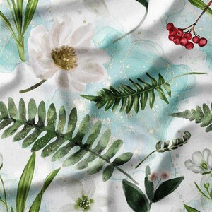 Floral Watercolor Cotton Fabric by the Yard – Elegant White Flowers with Green Leaves, Perfect for Home Decor, Sewing Projects, and Crafts