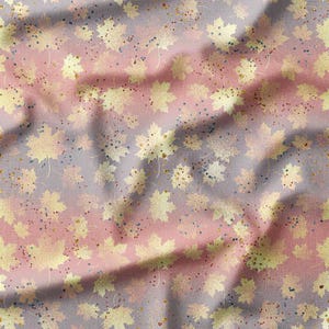 Gold Maple Leaves on Pink and Gray Gradient Cotton Fabric by the Yard - Elegant Autumn Design for Quilting, Sewing, Curtains, and Home Decor