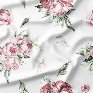 Cotton Fabric by the Yard – Deep Pink Garden Roses – Watercolor Floral Design