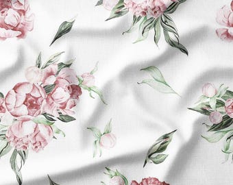 Cotton Fabric by the Yard – Deep Pink Garden Roses – Watercolor Floral Design