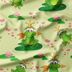 Frog Princes with Hearts on Green Cotton Fabric by the Yard – Fun Fairy Tale Design for Kids&#39; Quilting, Sewing, and Nursery Decor