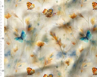 Cotton Fabric by the Yard, Meadow Grasses and Butterflies, Cream Blue Watercolor Botanical