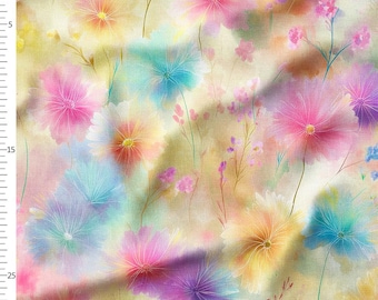 Cotton Fabric by the Yard, Pastel Rainbow Wildflowers, Dreamy Watercolor Meadow Floral