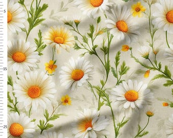 Cotton Fabric by the Yard, White Daisies on Beige, Tiny Yellow Blooms Chamomile Floral