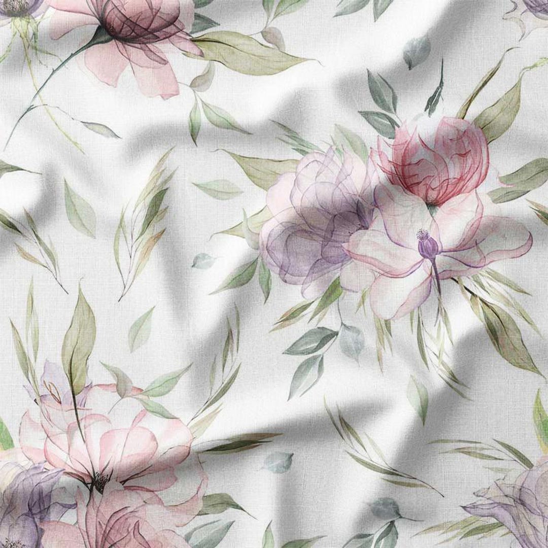 Cotton Fabric by the Yard - Delicate Pastel Florals With Green Leaves ...