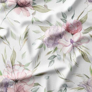 Cotton Fabric by the Yard - Delicate Pastel Florals with Green Leaves on White Background, Perfect for Quilting, Sewing, and Home Decor