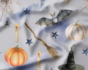 Halloween Night Cotton Fabric by the Yard Spooky Bats, Pumpkins, and Witch Hats Design for Kids, Sewing, Quilting, Home Decor Projects