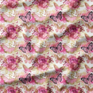 Pink Roses and Butterflies with Golden Accents on White Cotton Fabric by the Yard - Elegant Floral and Butterfly Design for Quilting, Sewing