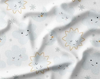 Cute Suns, Moons, and Clouds on White Cotton Fabric by the Yard - Adorable Sky-Themed Design for Kids' Quilting, Sewing, Nursery Projects