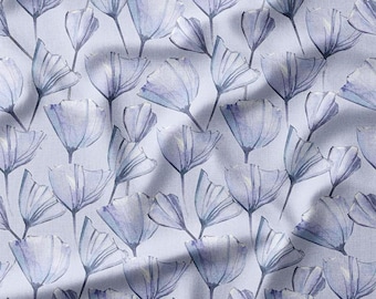 Fabric by the Yard - Soft Blue Watercolor Flowers on Light Gray Cotton Fabric - Perfect for Quilting, Sewing, and Elegant Home Decor