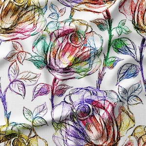 Abstract Scribble Roses Cotton Fabric by the Yard - Multicolor Artistic Floral Design for Quilting, Sewing, and Crafts