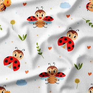 Ladybug Cotton Fabric by the Yard Cute Cartoon Ladybugs with Hearts and Leaves Design Sewing Fabric for Curtains Clothes Bedding DIY