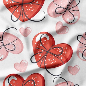 Red and Pink Hearts with Bows on White Cotton Fabric by the Yard – Perfect for Valentine&#39;s Day Crafts, Quilting, and Kids&#39; Clothing
