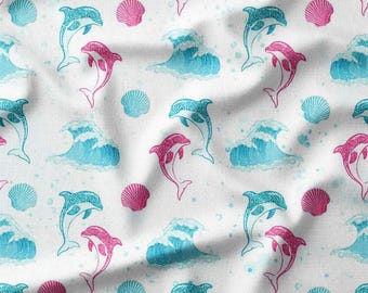 Playful Dolphins Cotton Fabric by the Yard Ocean Waves and Seashells Design for Sewing, Quilting, Home Decor, and Kids Projects