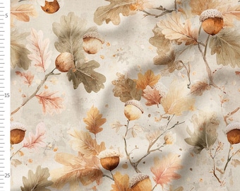 Cotton Fabric by the Yard – Oak Leaves in Warm Neutrals with Speckles – Fall Botanical Pattern