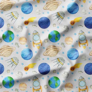 Space Exploration Design with Planets, Rockets, and Satellites on Light Gray Cotton Fabric by the Yard - Fun Outer Space Pattern for Kids