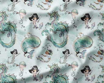 Cotton Fabric by the Yard – Pirate Mermaids Sea Dragons and Whales – Nautical Kids Pattern