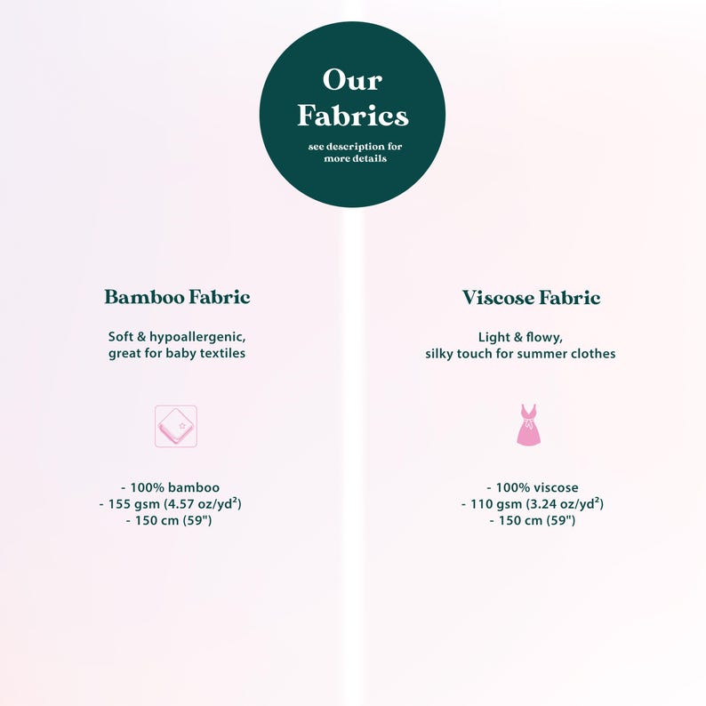 The image is a collage of two fabric images, one depicting bamboo fabric and the other showing visose fabric. The bamboo fabric is described as soft and hypoallergenic, great for baby textiles, and has a 100% bamboo content, weighing between 150 gm (57 oz) and 110 gm (3.24 oz) per yard. The visose fabric is described as light and flowy, silky touch for summer clothes, and has a 100% visose content, weighing between 110 gm (3.24 oz) and 150 gm (57 oz) per yard.