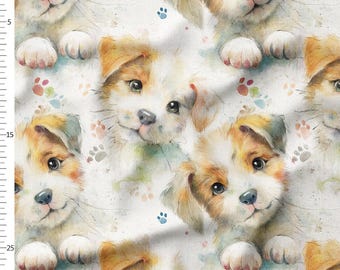 Cotton Fabric by the Yard – Watercolor Puppy Faces on White – Cute Kids Animal Pattern