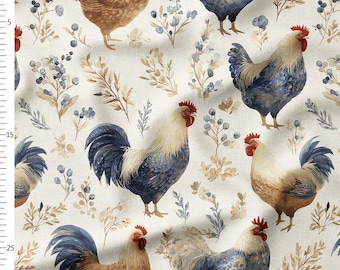 Cotton Fabric by the Yard – Roosters and Country Botanicals in Blue and Beige – Farmhouse Pattern