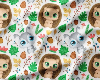 Forest Friends Cotton Fabric by the Yard – Hedgehogs and Bunnies with Acorns and Leaves Perfect for Kids’ Bedding Apparel and Craft Projects