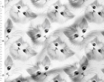 Cotton Fabric by the Yard, Fluffy Bunny Faces Soft Gray, Minimal Nursery Rabbit Pattern