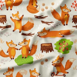 Playful Foxes in the Forest on Cream Cotton Fabric by the Yard – Cute Woodland Animal Design for Kids&#39; Quilting, Sewing, and Nursery Decor